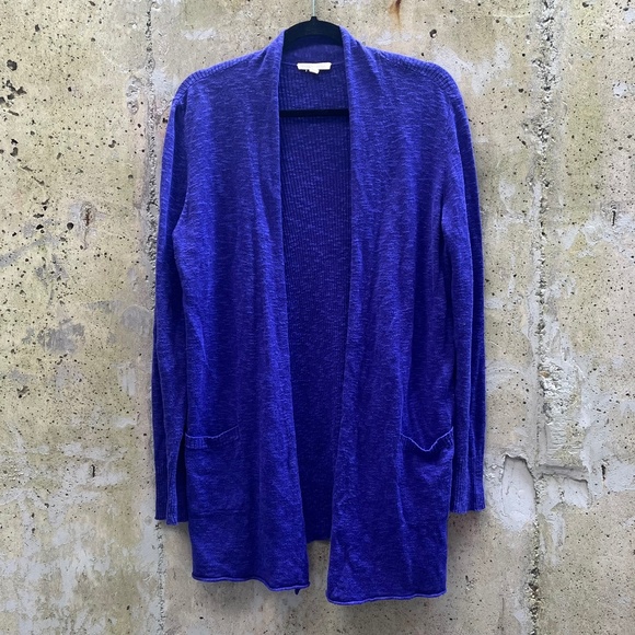 Eileen Fisher Linen Blend Open Front Cardigan, Purple with Pockets, Medium - Picture 1 of 11